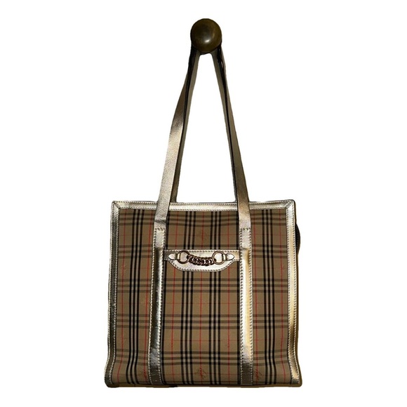 Burberry Tan Plaid Tote with Silver Trim - Picture 1 of 10